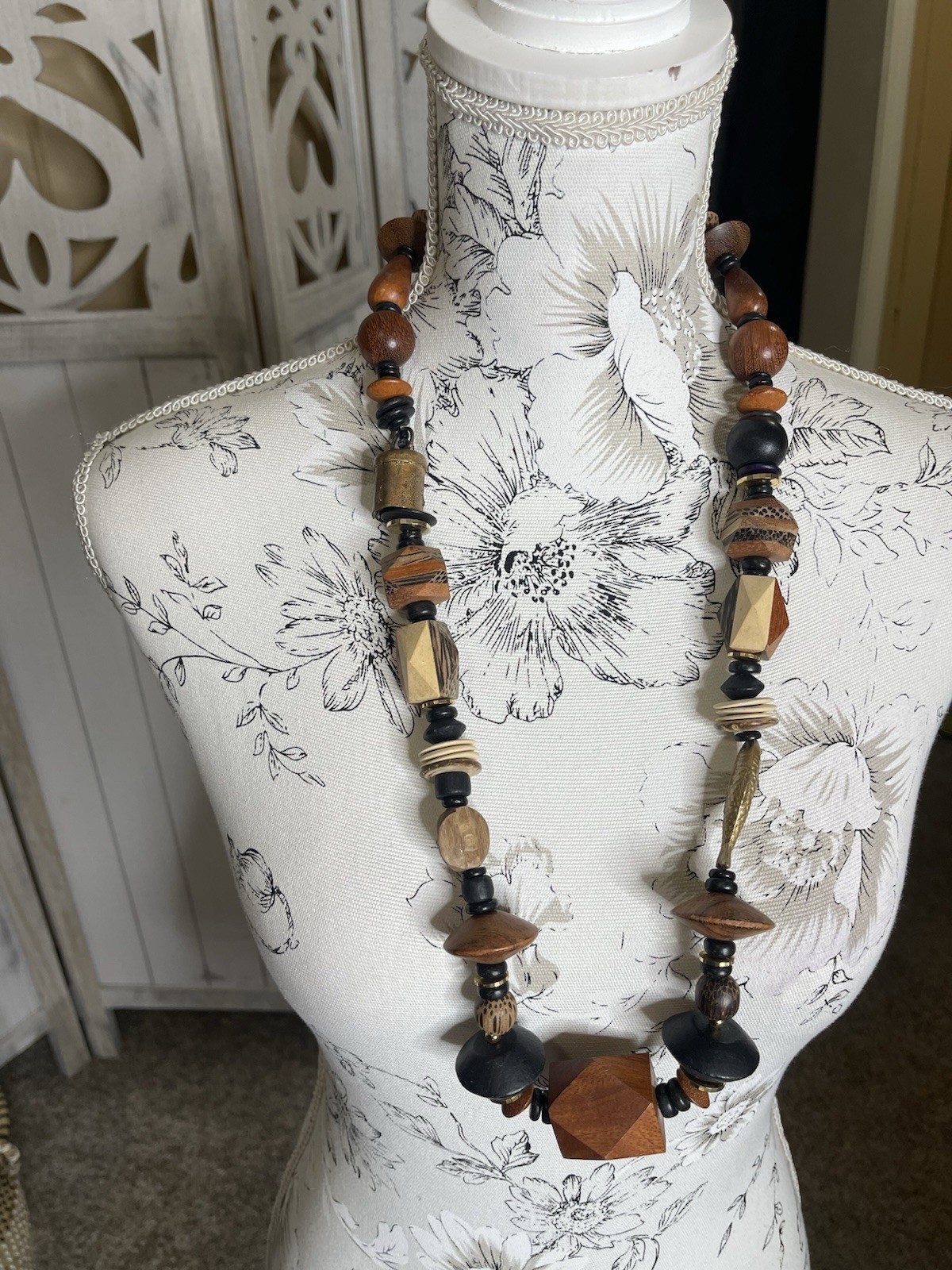 Tribal African Chunky Wooden Bead Carved Abstract Necklace Brown Gold