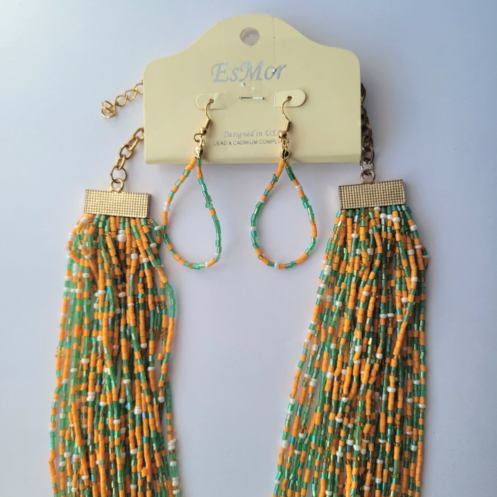 Vtg Orange Green Multistrand Boho Seed Bead Necklace & Earrings Set