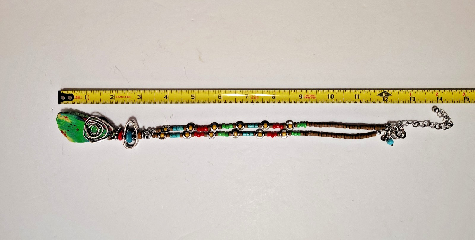 Treska Signed Boho Single Strand Multicolor Beaded Necklace w/ Resin Pendant