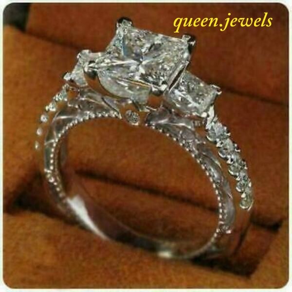 Lab Created 2.55CT Princess Cut Diamond Vintage 3-Stone Ring 14K White Gold Over
