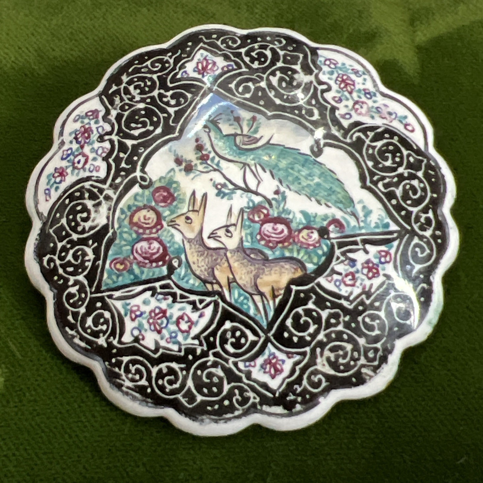Antique 1900s Persian Middle Eastern Enamel Painted Pin Brooch Peacock Deer