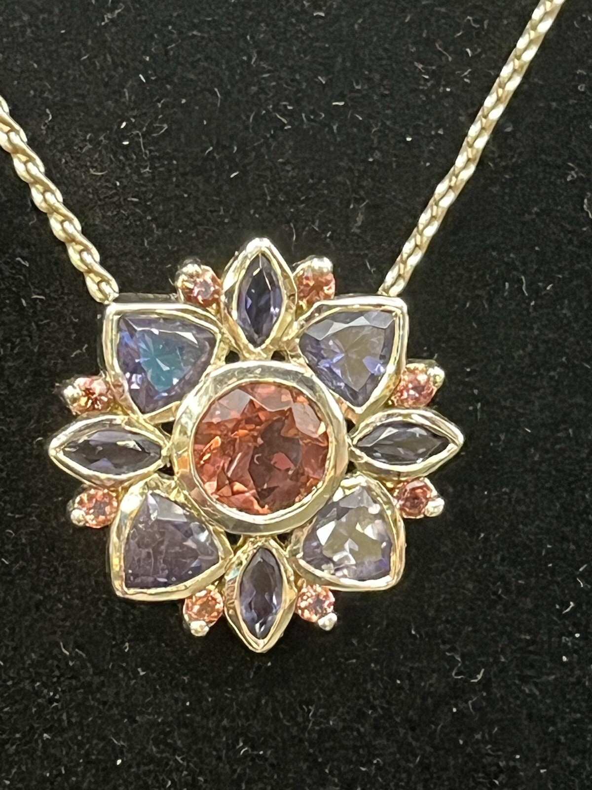 925 Sterling Silver 18” Necklace Flower Pendant Pink & Violet Rhinestones 9.3g