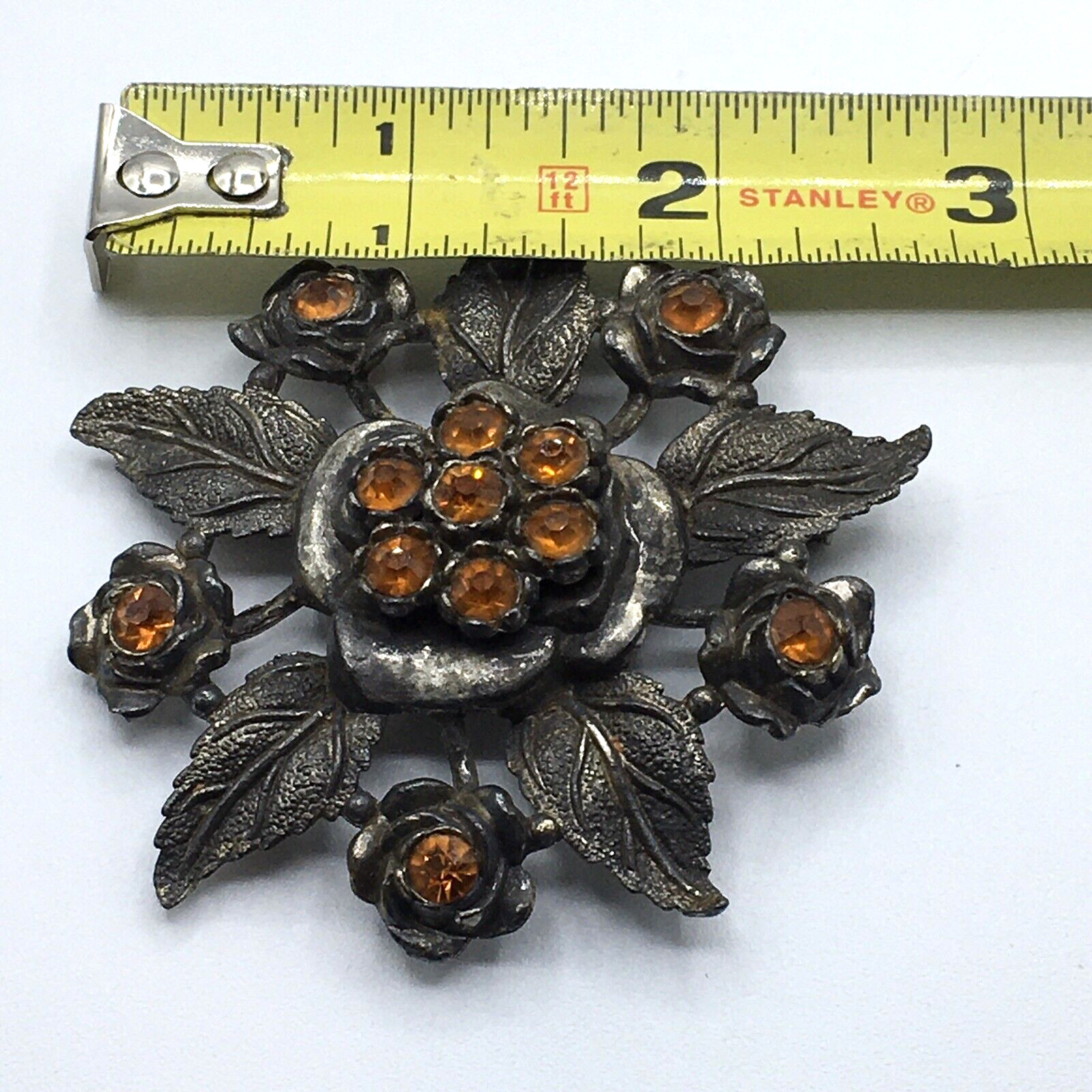 Antique LN Little Nemo Large Floral Flower Orange Rhinestone Brooch Pin