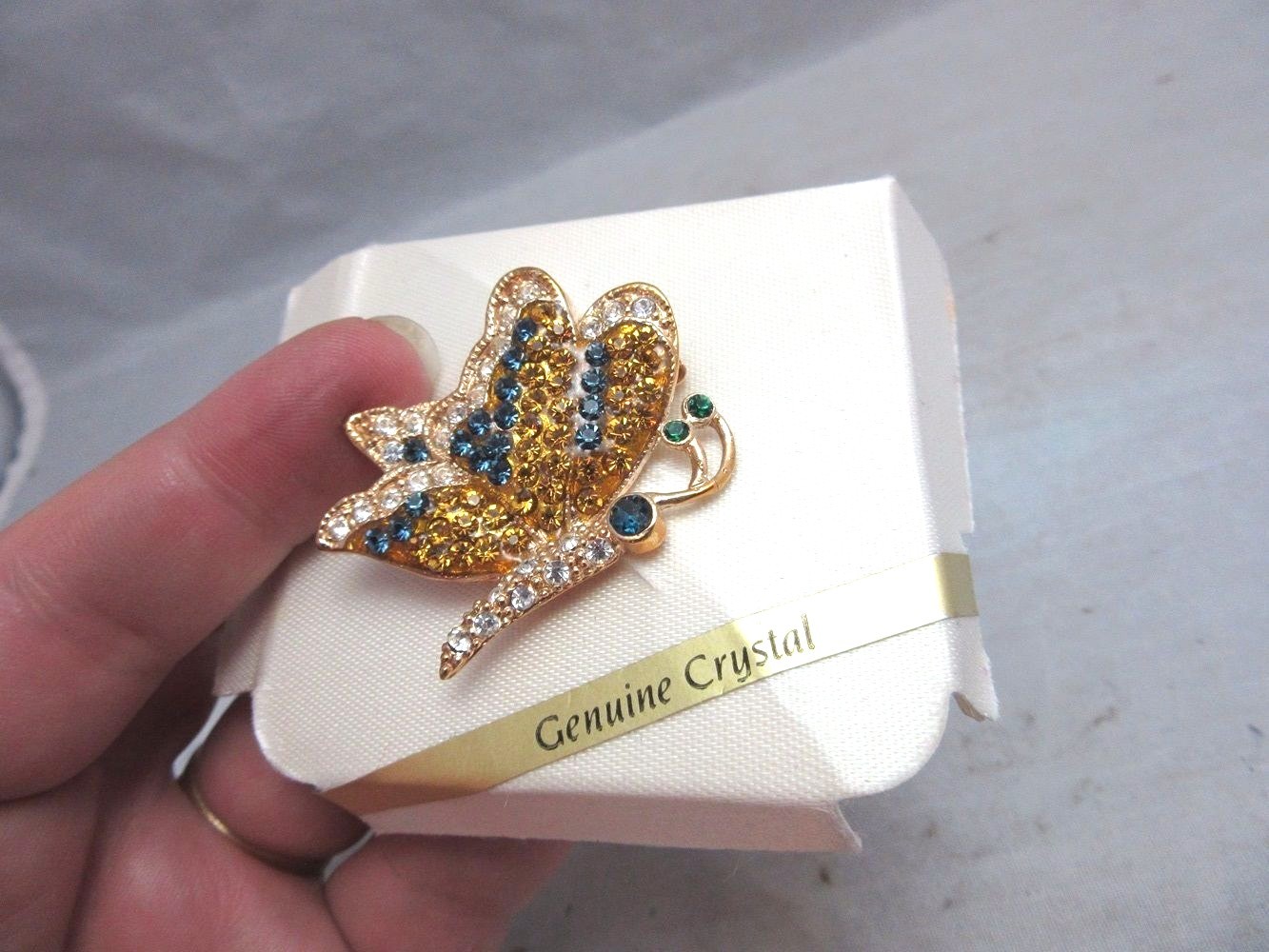 Pave rhinestone butterfly brooch. Blue & yellow