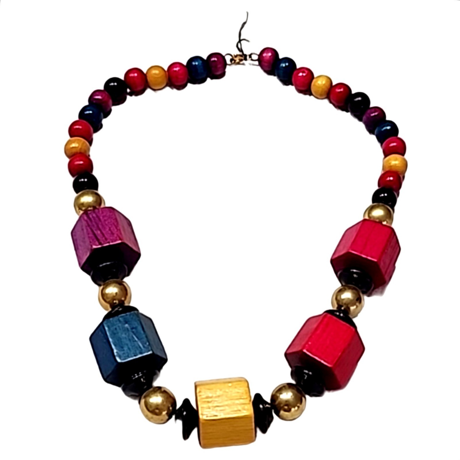 Vintage Natural Wood Bead Necklace Multicolor Chunky Statement Boho Artisan 14In