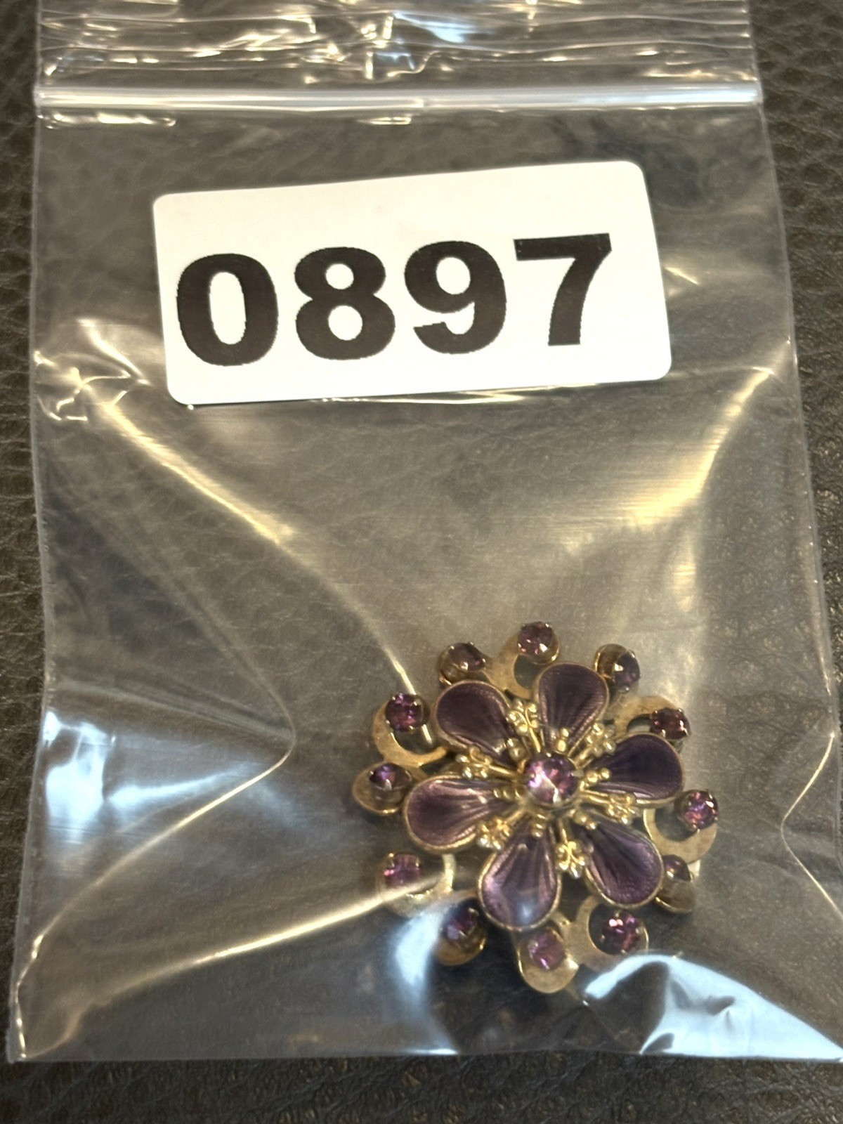 Vintage Faux Amethyst Guilloche Enamel Rhinestone FLOWER Shaped Pin Brooch