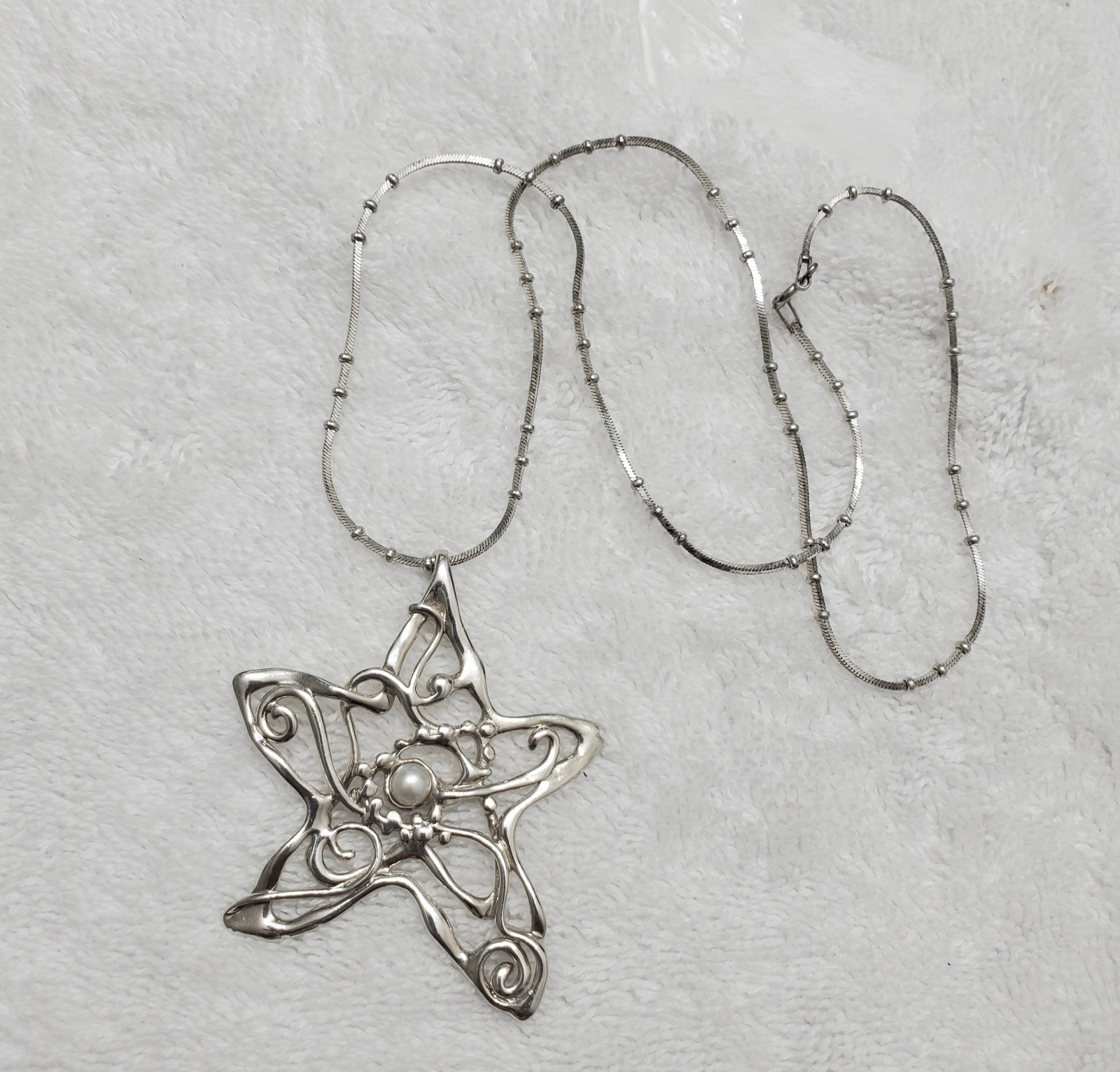 HAGIT GORALI Sterling Vintage Israel Pearl Star Pendant W Chain