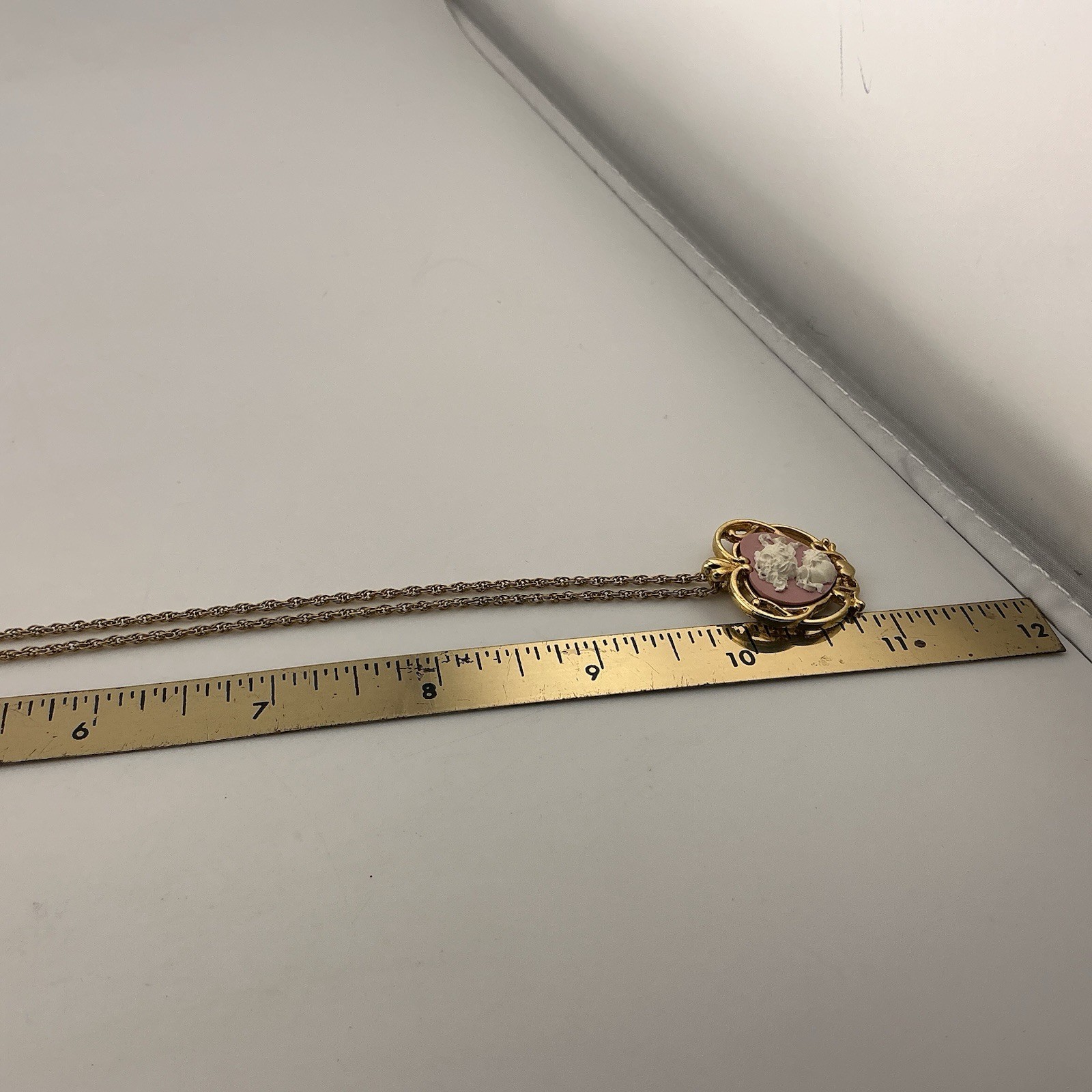 Vtg Precious Moments PMI Necklace Pink Faux Cameo Pendant GoldT Filigree 1990s
