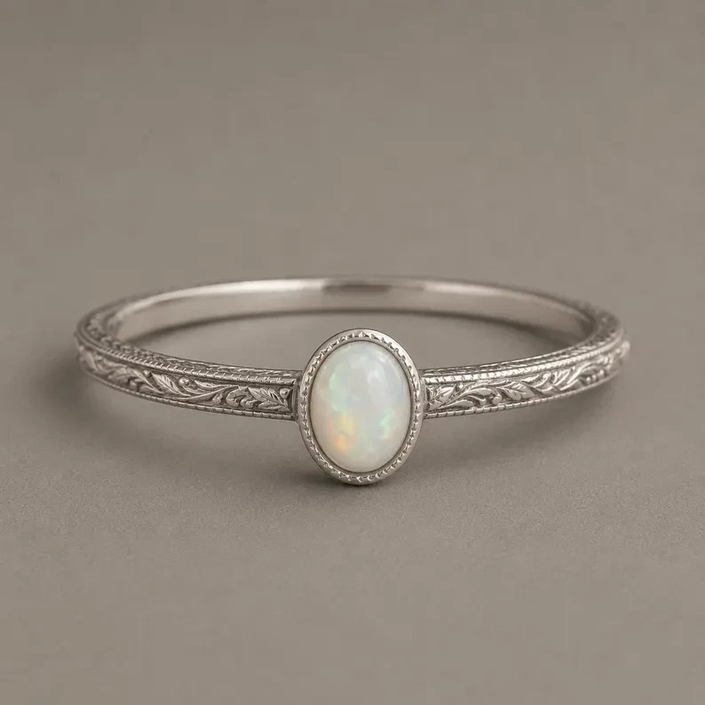 Natural Ethiopian Opal Ring 925 Sterling Silver Minimal Engraved Ring