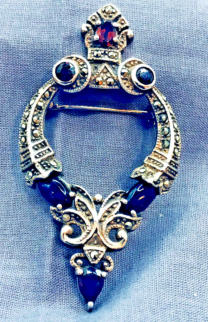 Vtg. Sterling Silver Brooch w. Red Stones & Marcasites 2 12 In. 13 Gr.