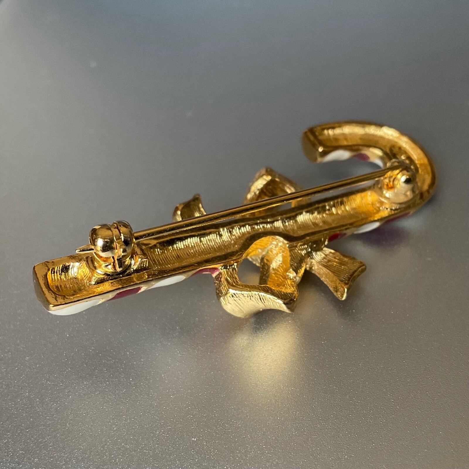Vintage Napier Christmas Candy Cane Pin with Bow Gold Tone & Enamel