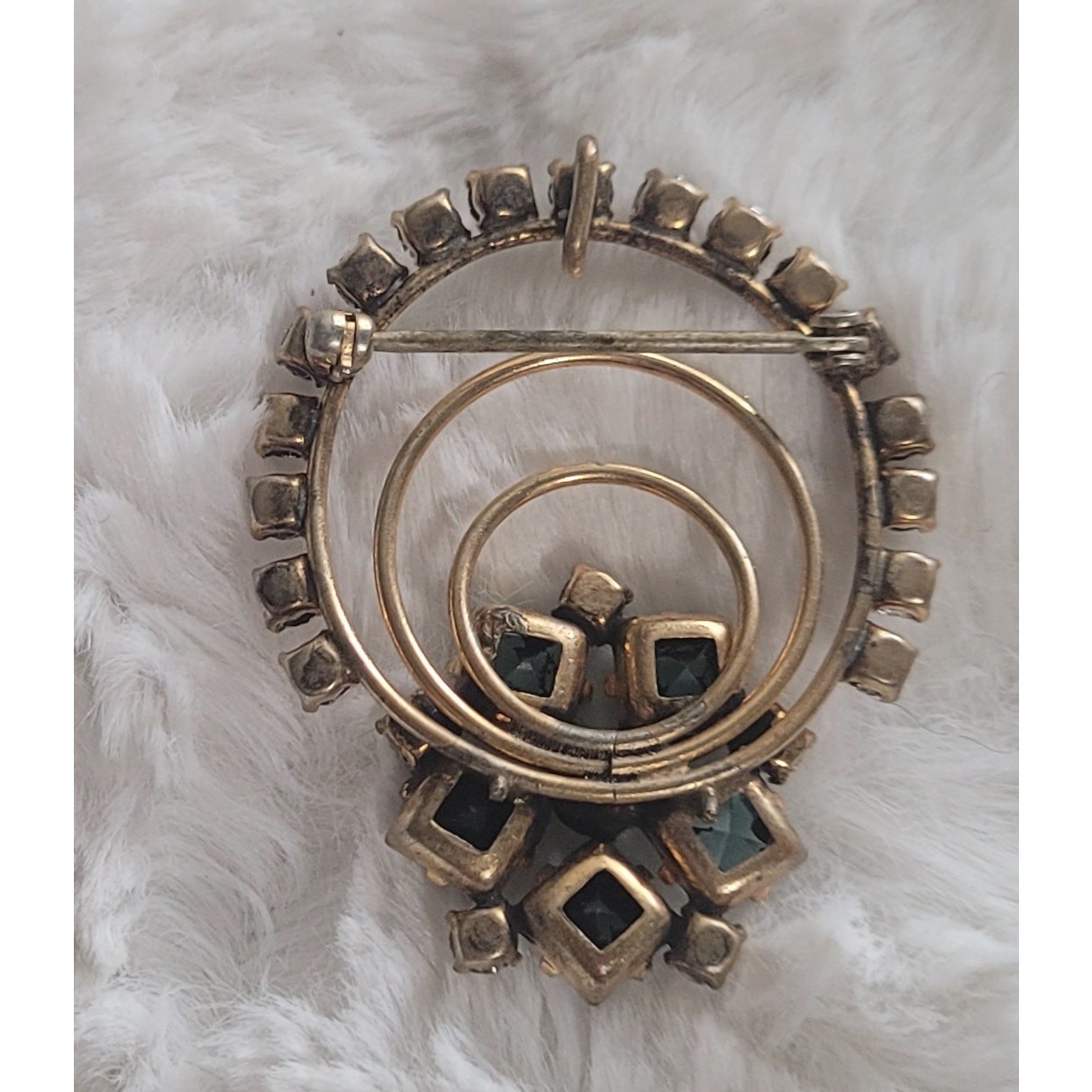 Brooch Or Pendant in Gold Tone with Clear & Teal Color Rhinestones