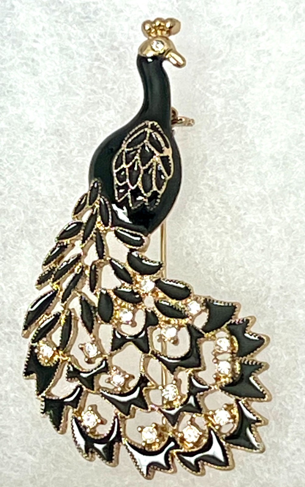 Vintage Enamel Rhinestone Peacock Era Brooch Gold Tone Black Gold Tone Bird Pin