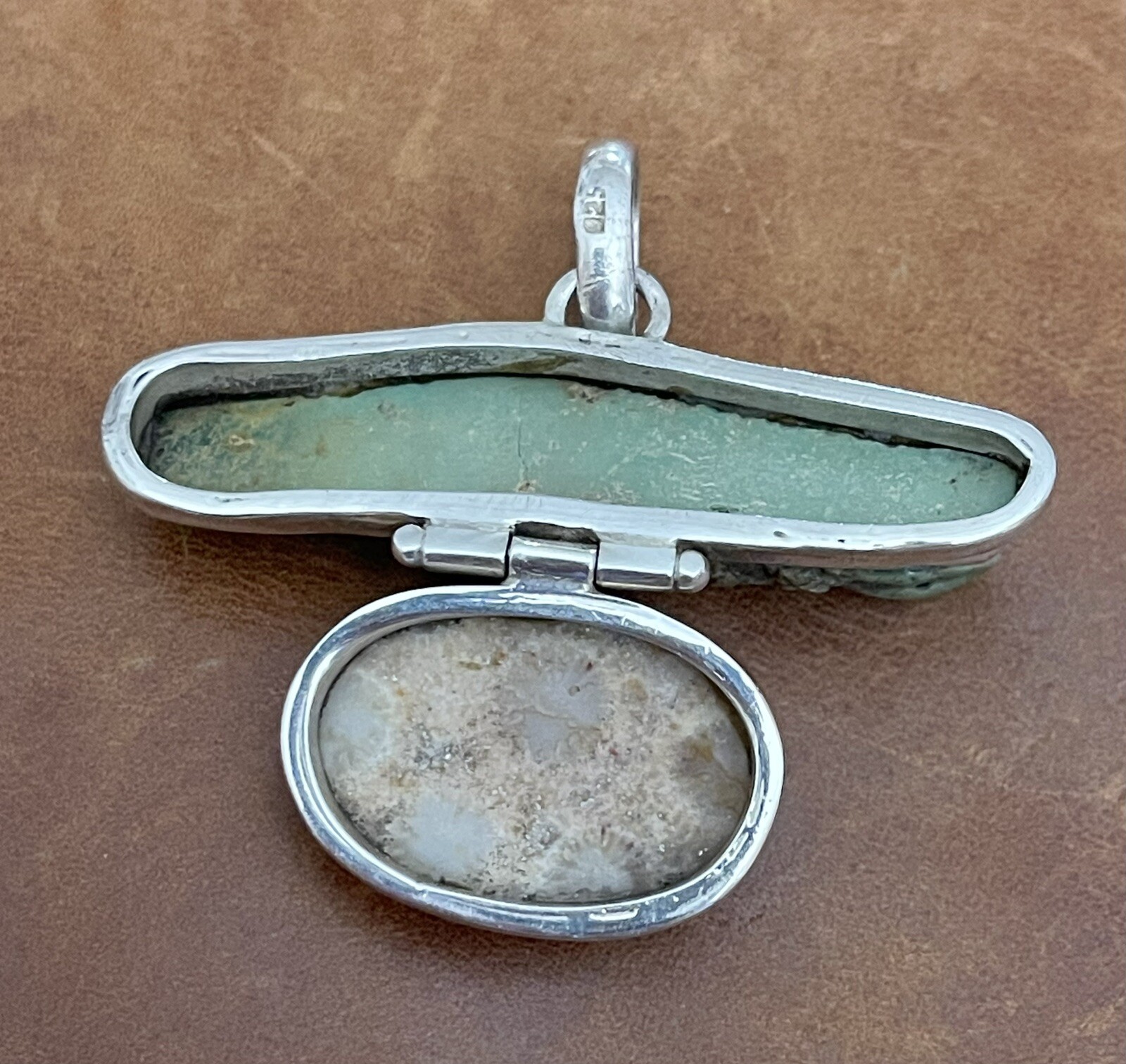 Vintage 925 Green Turquoise, Jasper Artist Created Lizard Motif Large Pendant