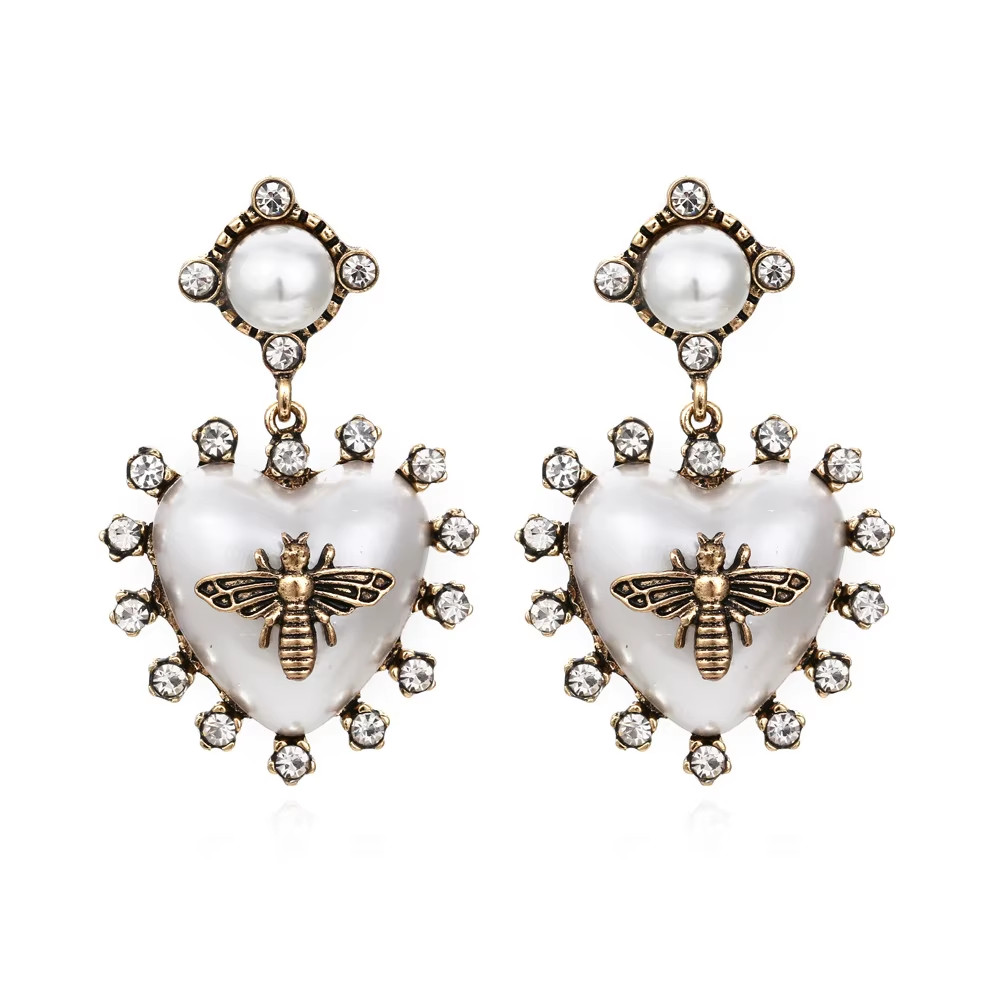 Heart Shaped Pearl Bee Earrings Gold Victorian Wedding Bridal Statement Jewelry