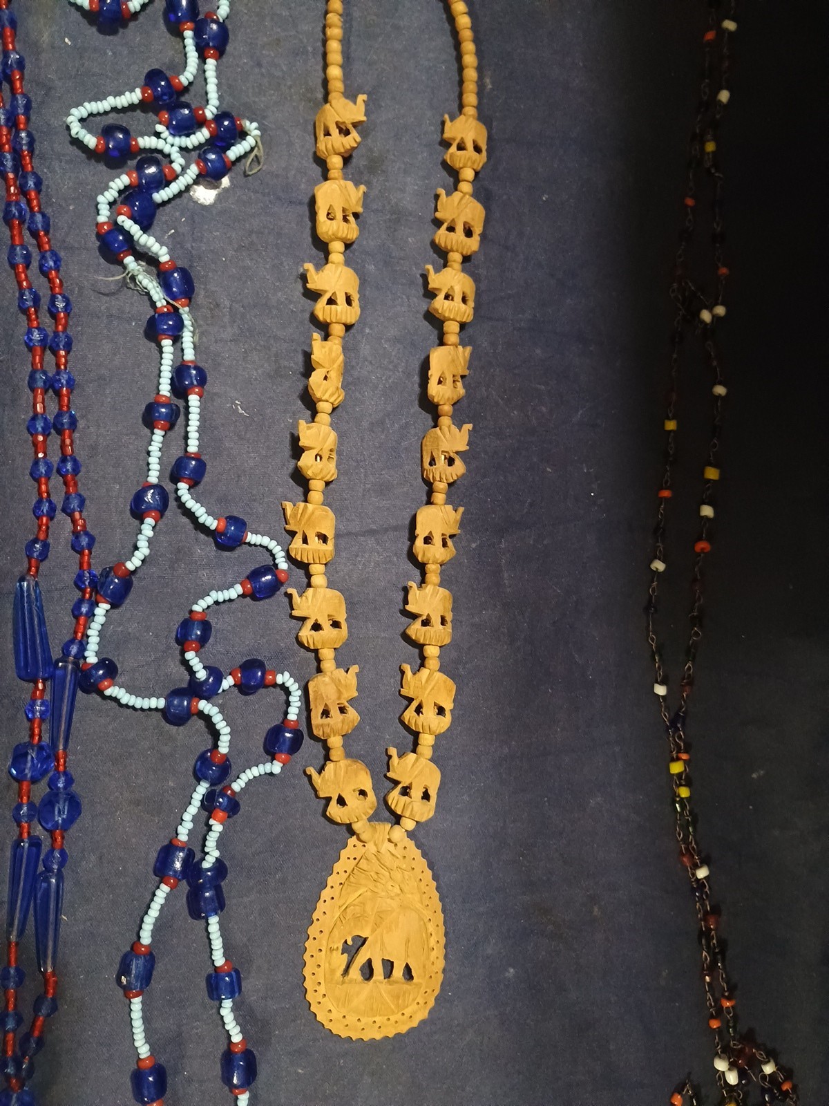 1 Vtg Carved Wooden African Elephant Necklace,Plus 3 Beaded Necklaces.