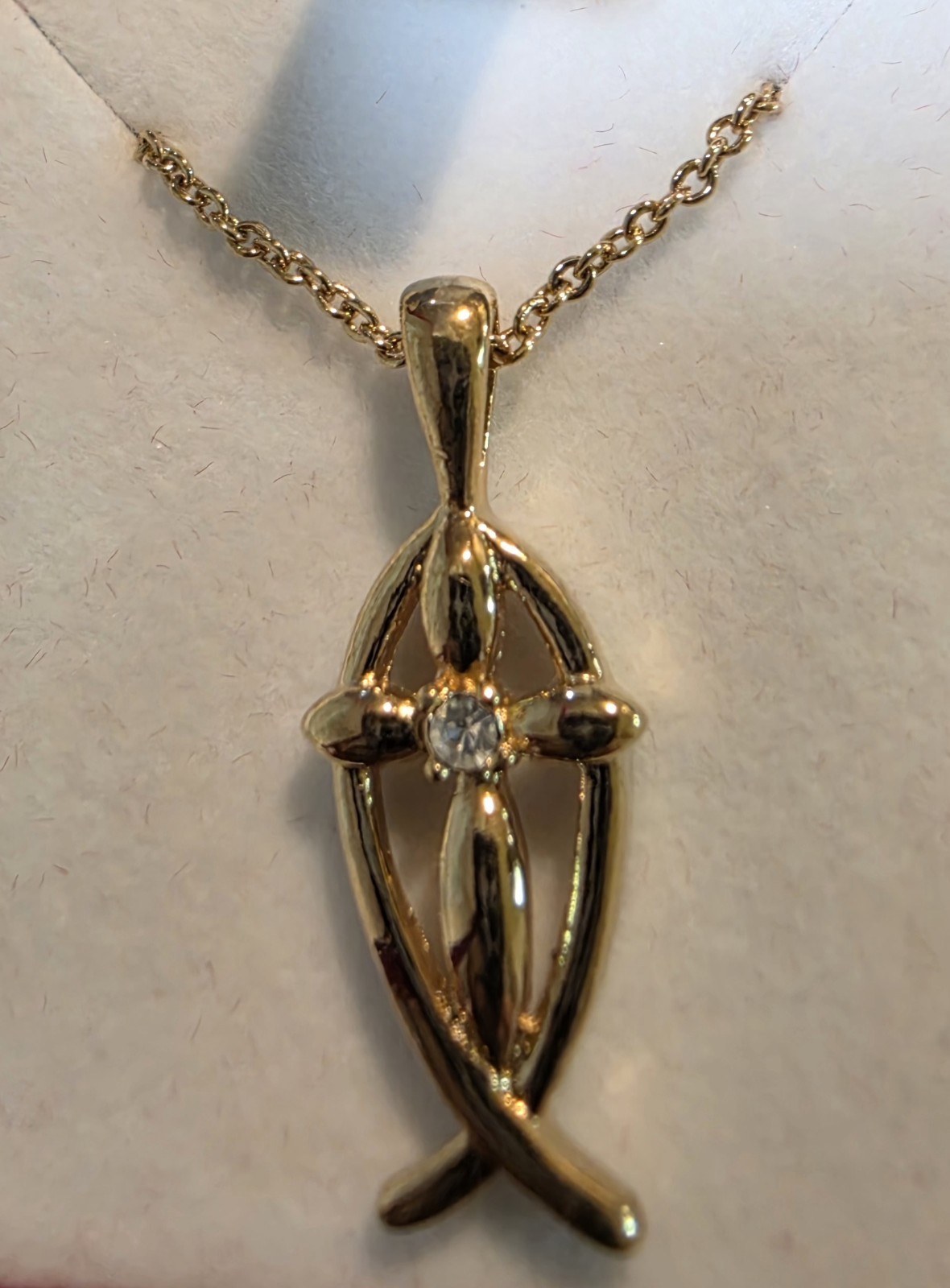 Vintage Avon Gold Tone Costume Rhinestone Cross Fish Pendant H175