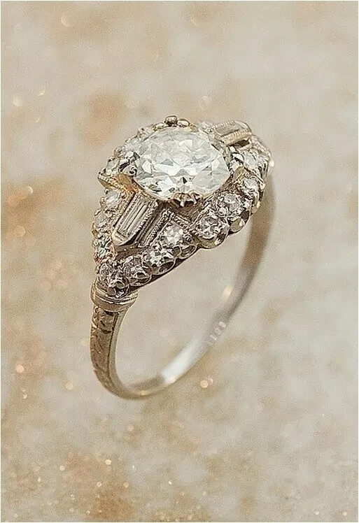 Art Deco Style Lab Created Diamond Engagement Wedding 14K White Gold Finish Ring