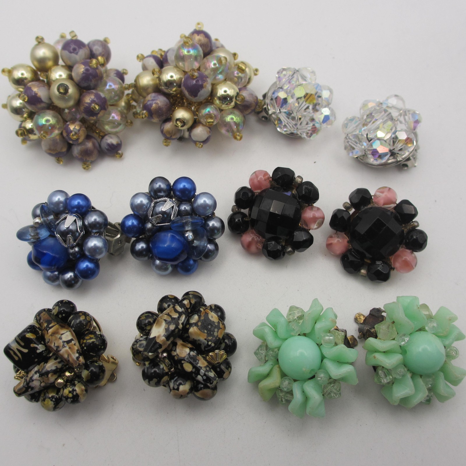 Vintage Cluster Beaded Earrings 6 Pair Hong Kong Japan Western Germany Clip Ons