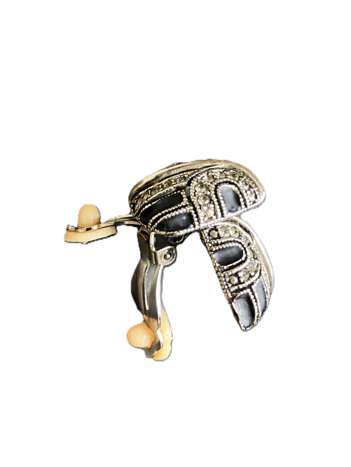 Vintage-Style Silver Black Enamel & Pavé Rhinestone Clip-On Lightweight Earrings