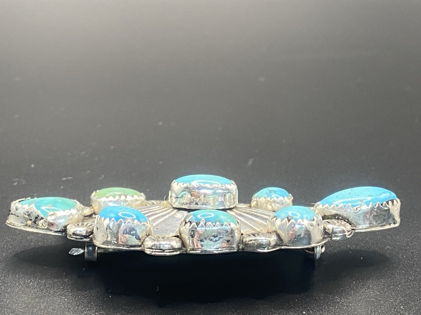 Early 1900’s Navajo Signed Silver Oval Turquoise Cluster Brooch Pin, 2.25 “