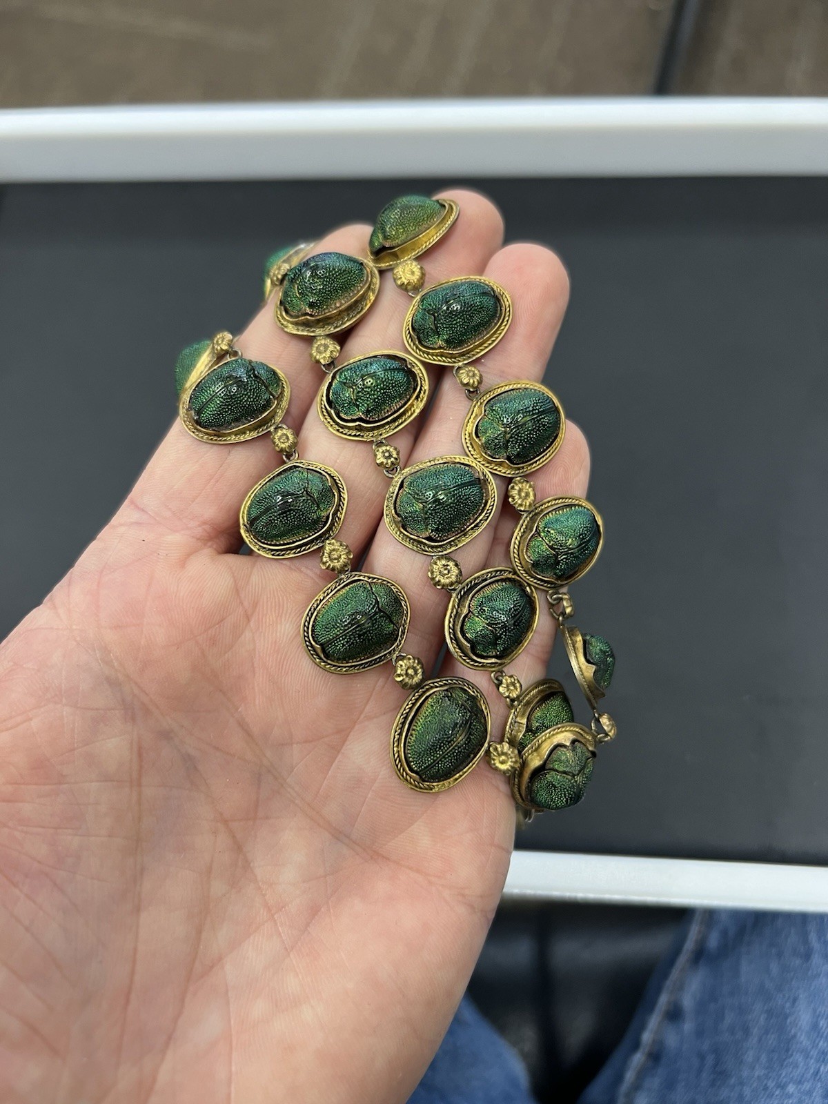VICTORIAN EGYPTIAN REVIVAL SCARAB BEETLE NECKLACE – GILDED SILVER – 22″ L