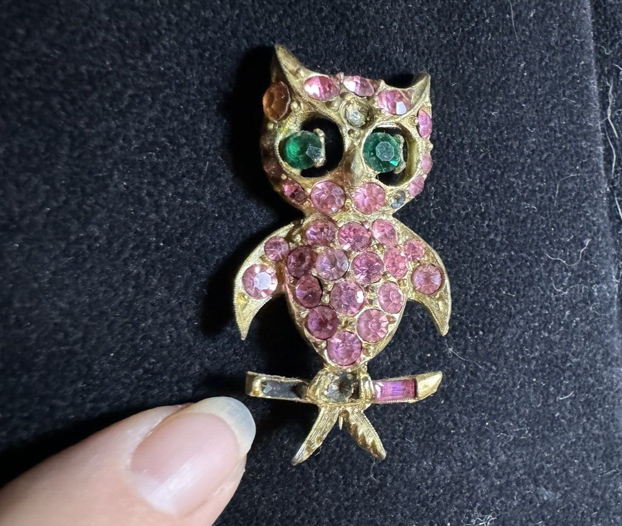 PELL Pink Rhinestone Owl Green Crystal Eyes Brooch Pin Vintage