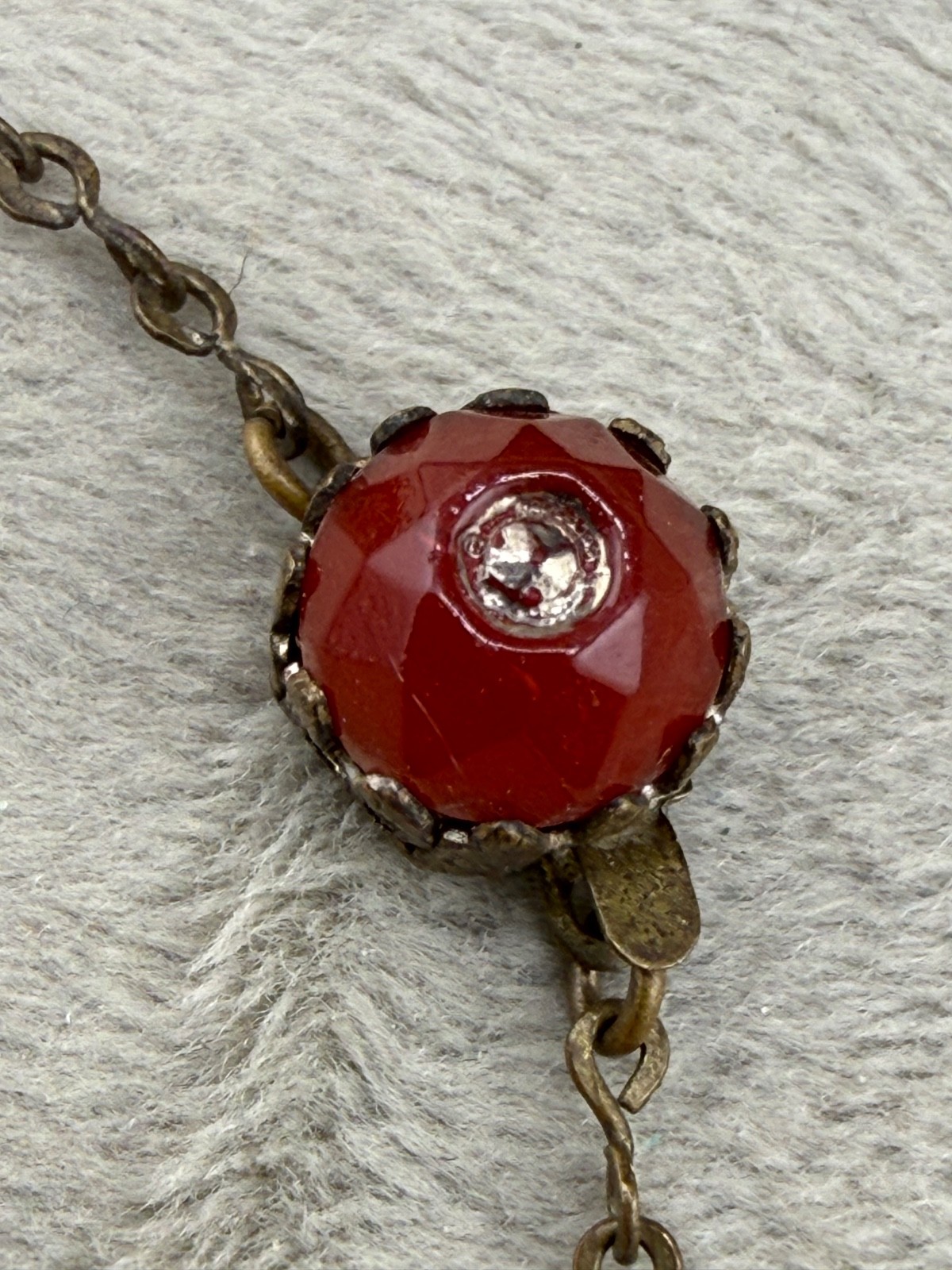 Vintage Art Deco Necklace Lavalier Red Glass Rhinestone 12” SHORT