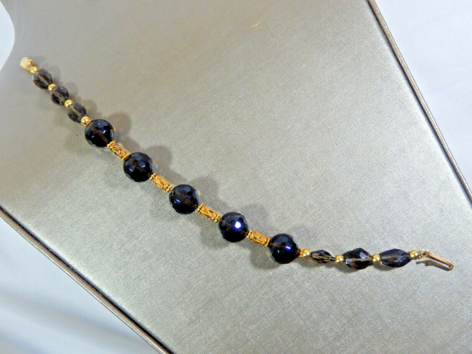 VINTAGE GENUINE LARGE 11.5mm SMOKY QUARTZ FACETED AND GP BEAD 8″ BRACELET