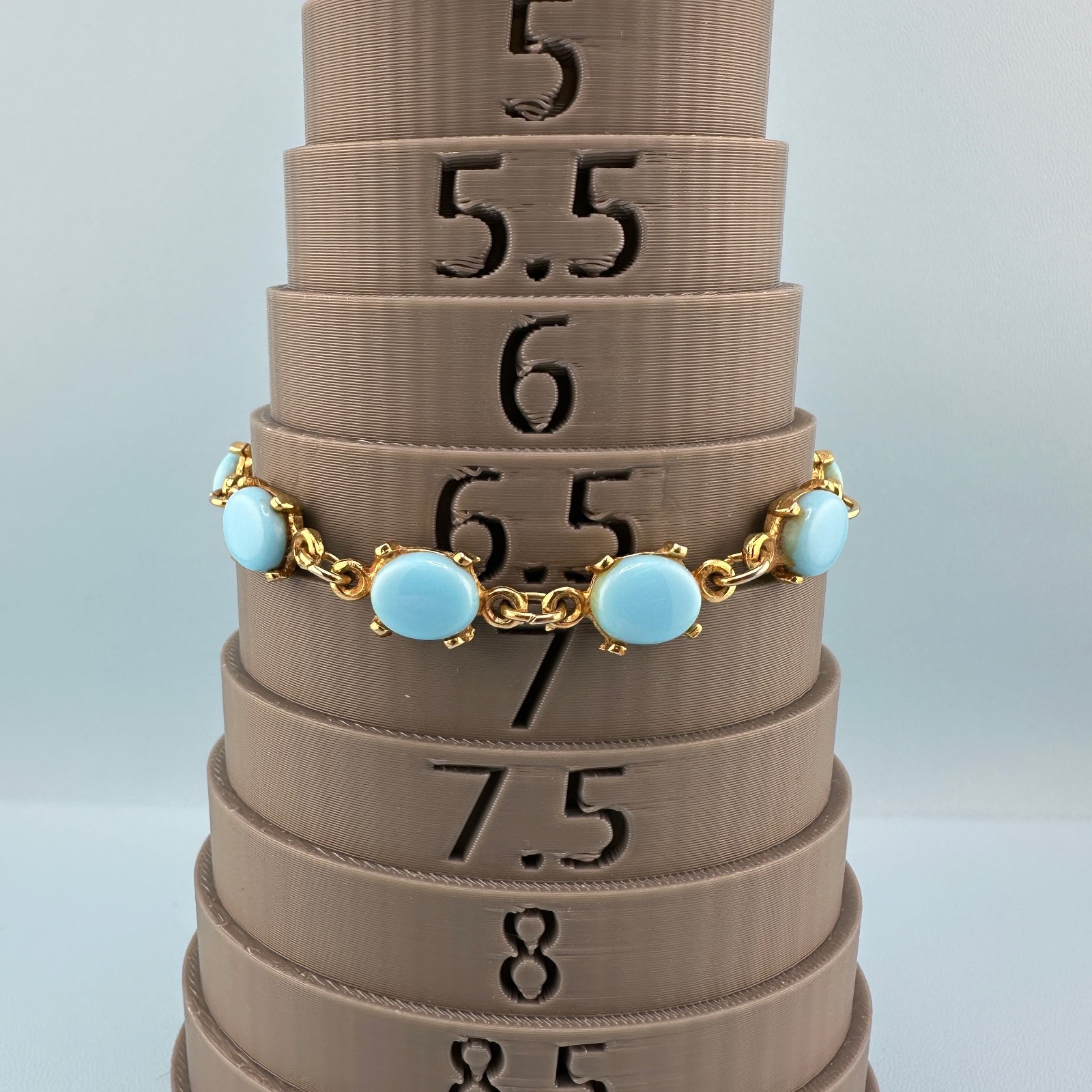 Vintage Bracelet Blue Milk Glass Gold Tone Oval Links MCM 6.5″ Faux Turquoise
