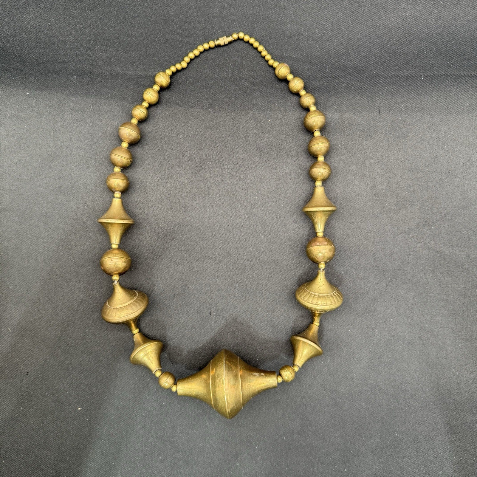 Large Brass Beaded Necklace Retro Screw Clasp Bohemian MCM Costume Jewlery