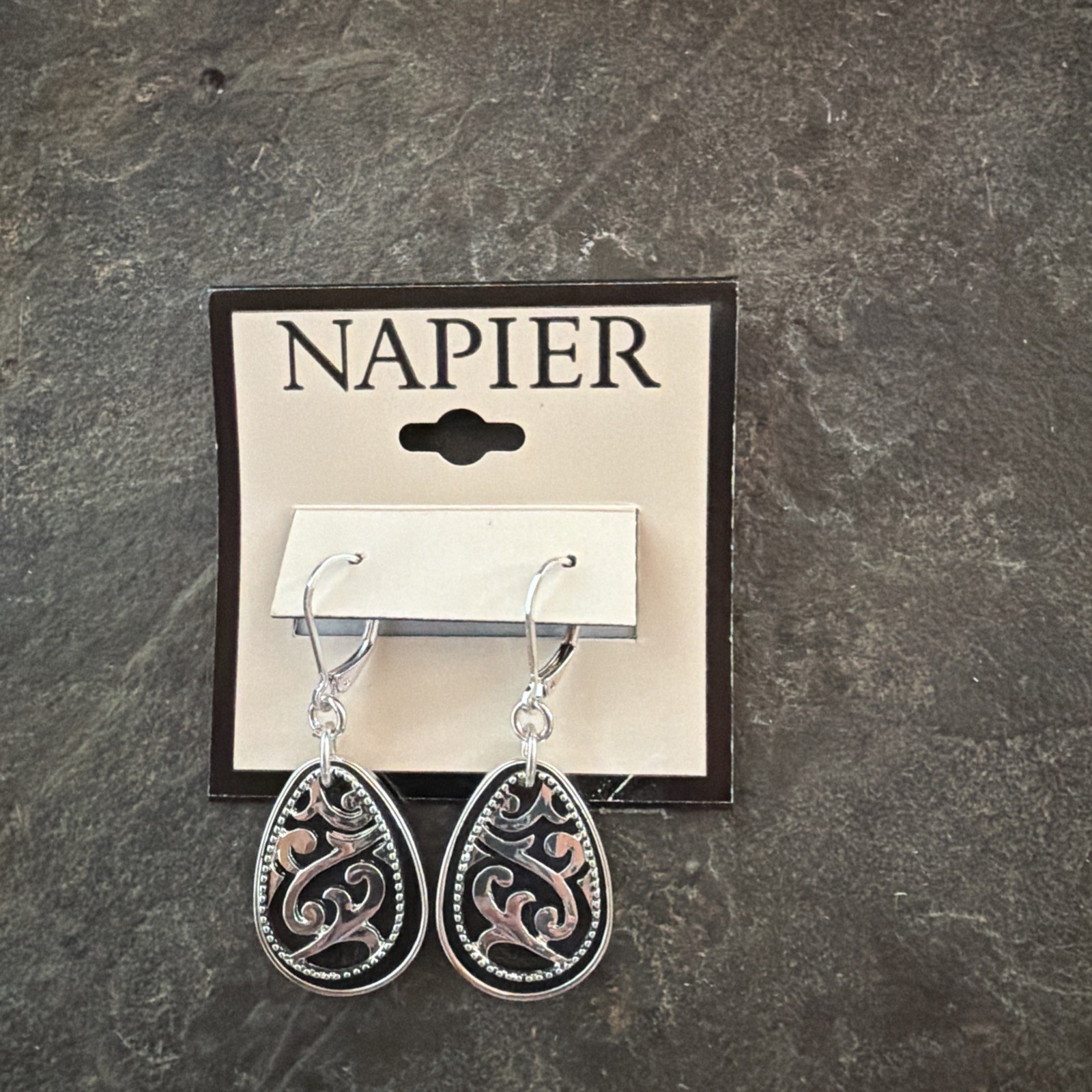 Napier Silver Tone Teardrop Filigree Drop Dangle Earrings Black Enamel Pierced N