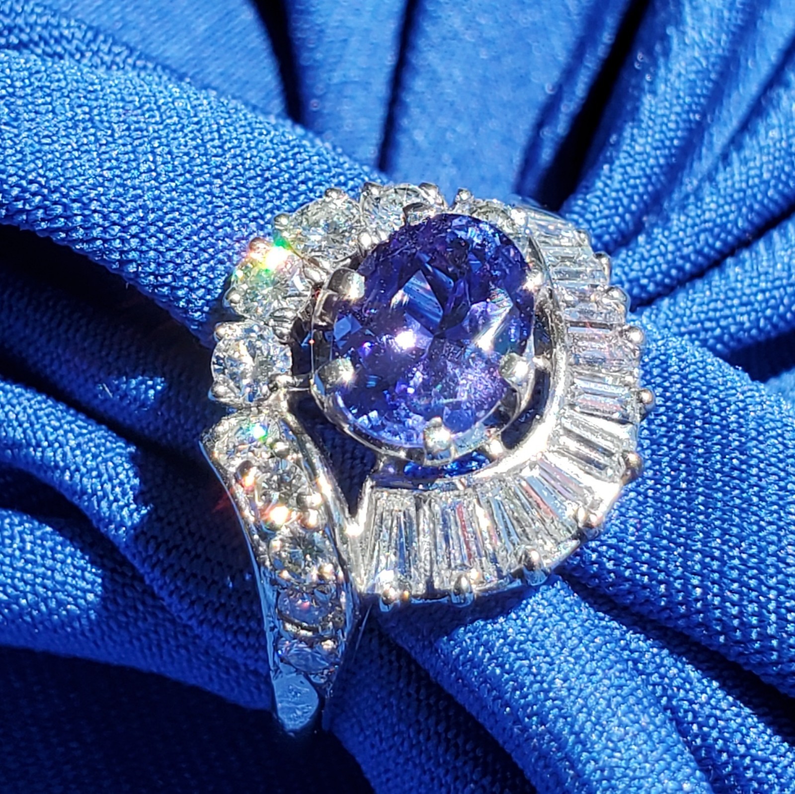 Original EARTH MINED TANZANITE DIAMOND DECO Engagement Ring Solitaire 14K GOLD 7