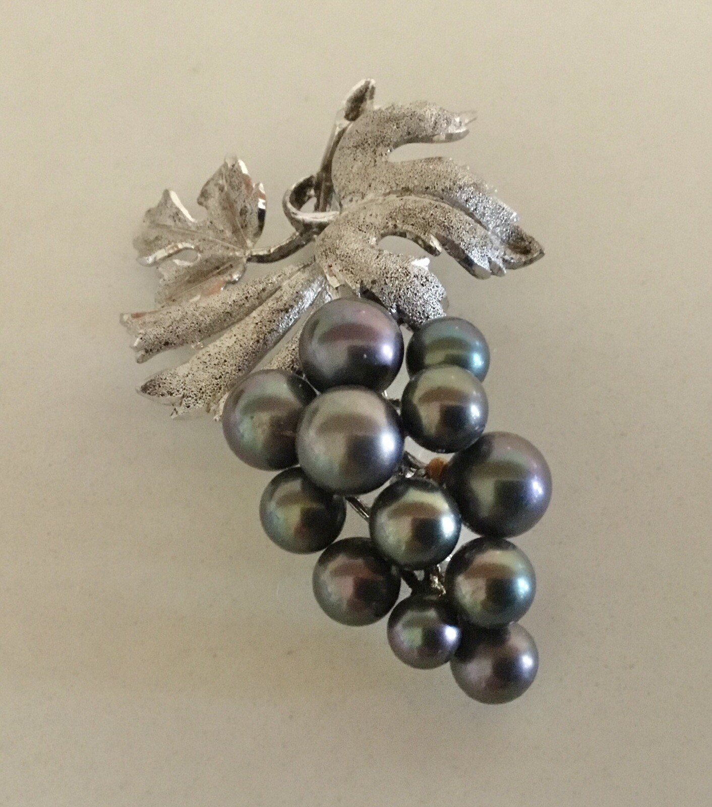 Rare Sterling Brooch W/ 12 Beautiful Black Pearls, 1950’s, Trombone Clasp Marked