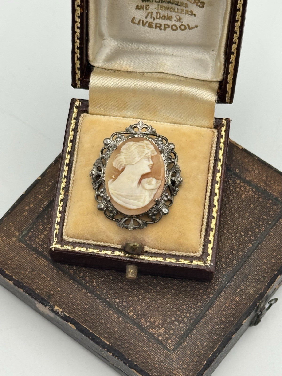 Vintage Cameo Brooch Sterling Shell Filigree Portrait Pin Victorian Style 1 Inch