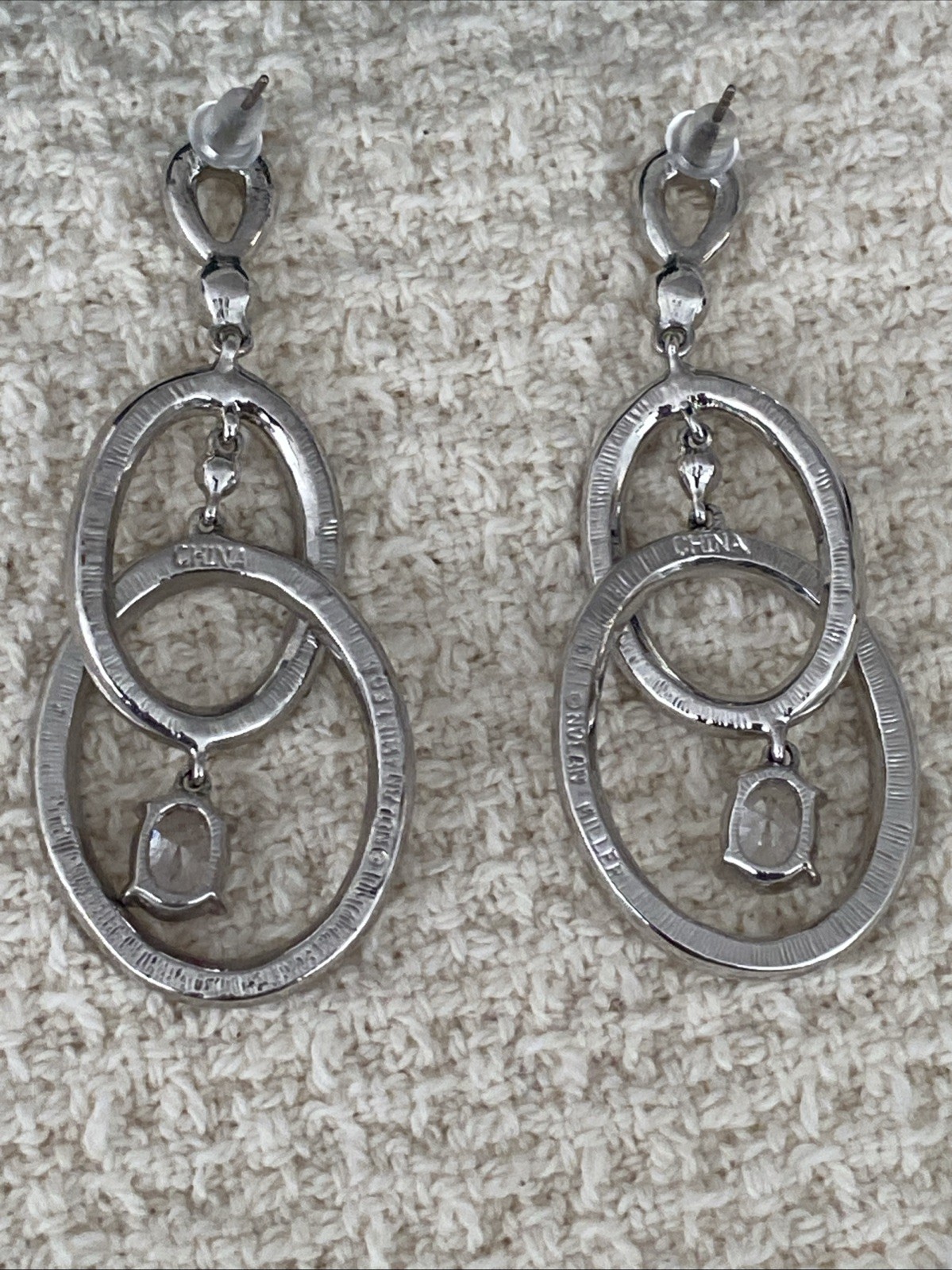 Vintage Nolan Miller Glamour Rhinestone Dangle Pierced Earrings 2 1/4”