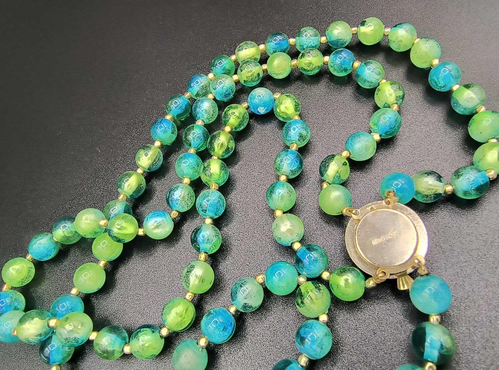 Vtg Hong Kong Translucent Green Teal Ombre Double Strand Bead Strand Necklace