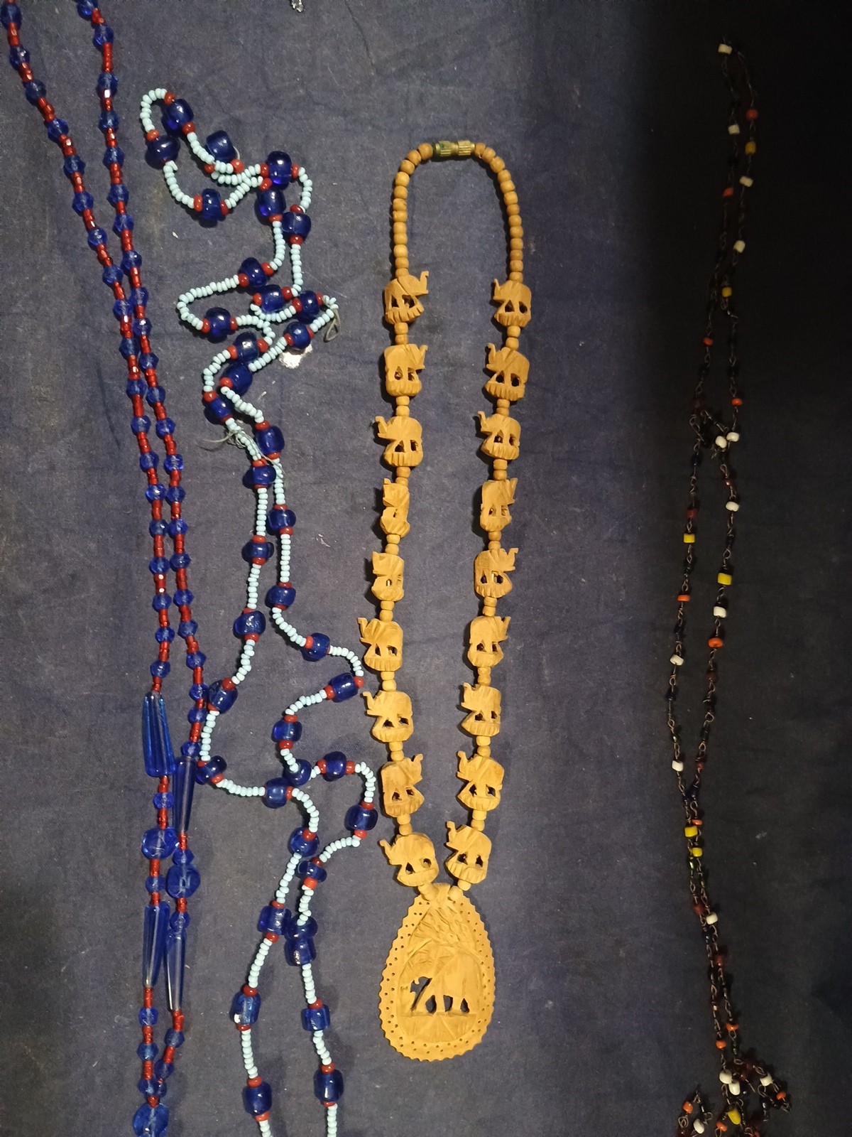 1 Vtg Carved Wooden African Elephant Necklace,Plus 3 Beaded Necklaces.