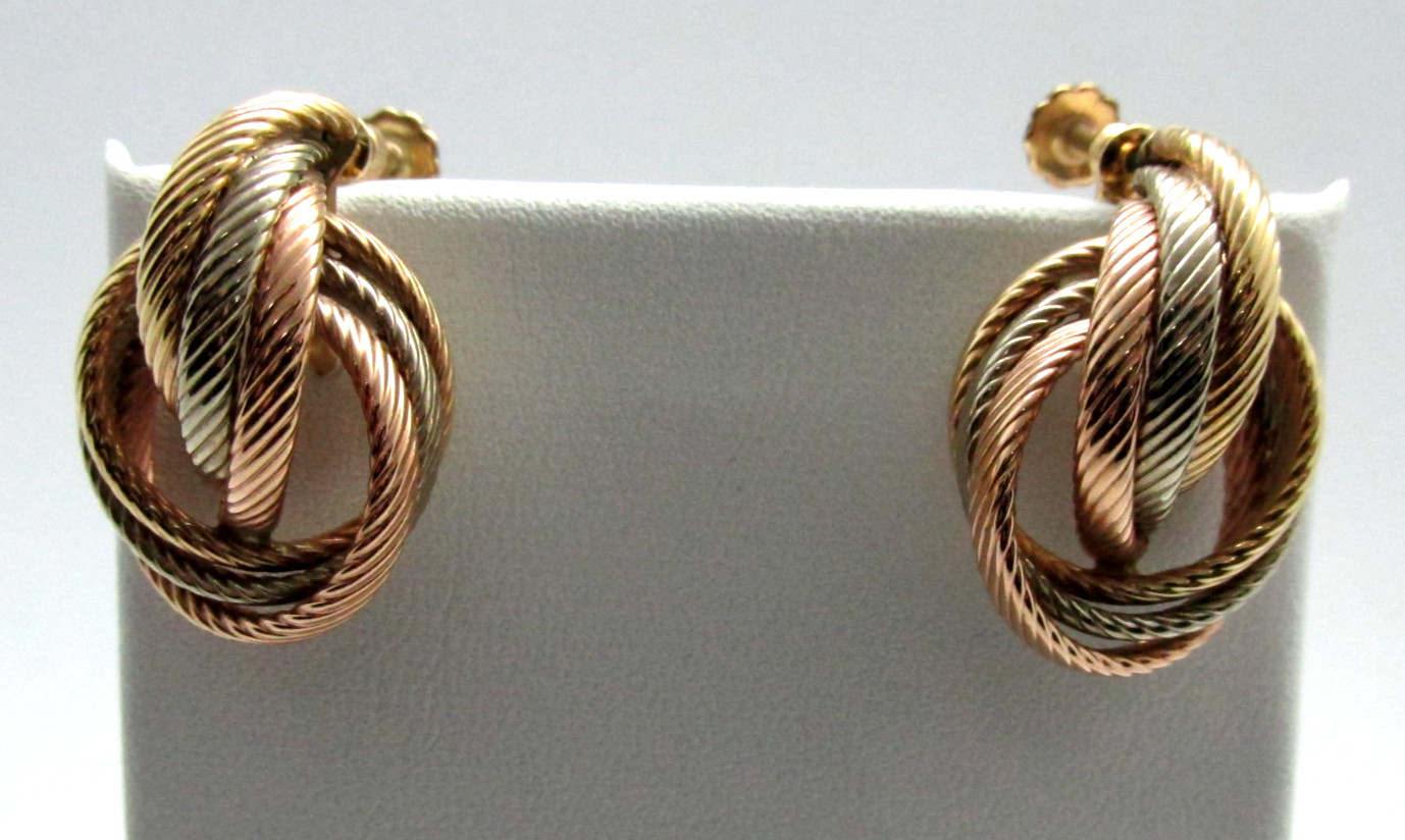 14K Gold Filled Tri Tone Knot Screw Back Earrings Classic Style 1″ -5.8 Grams