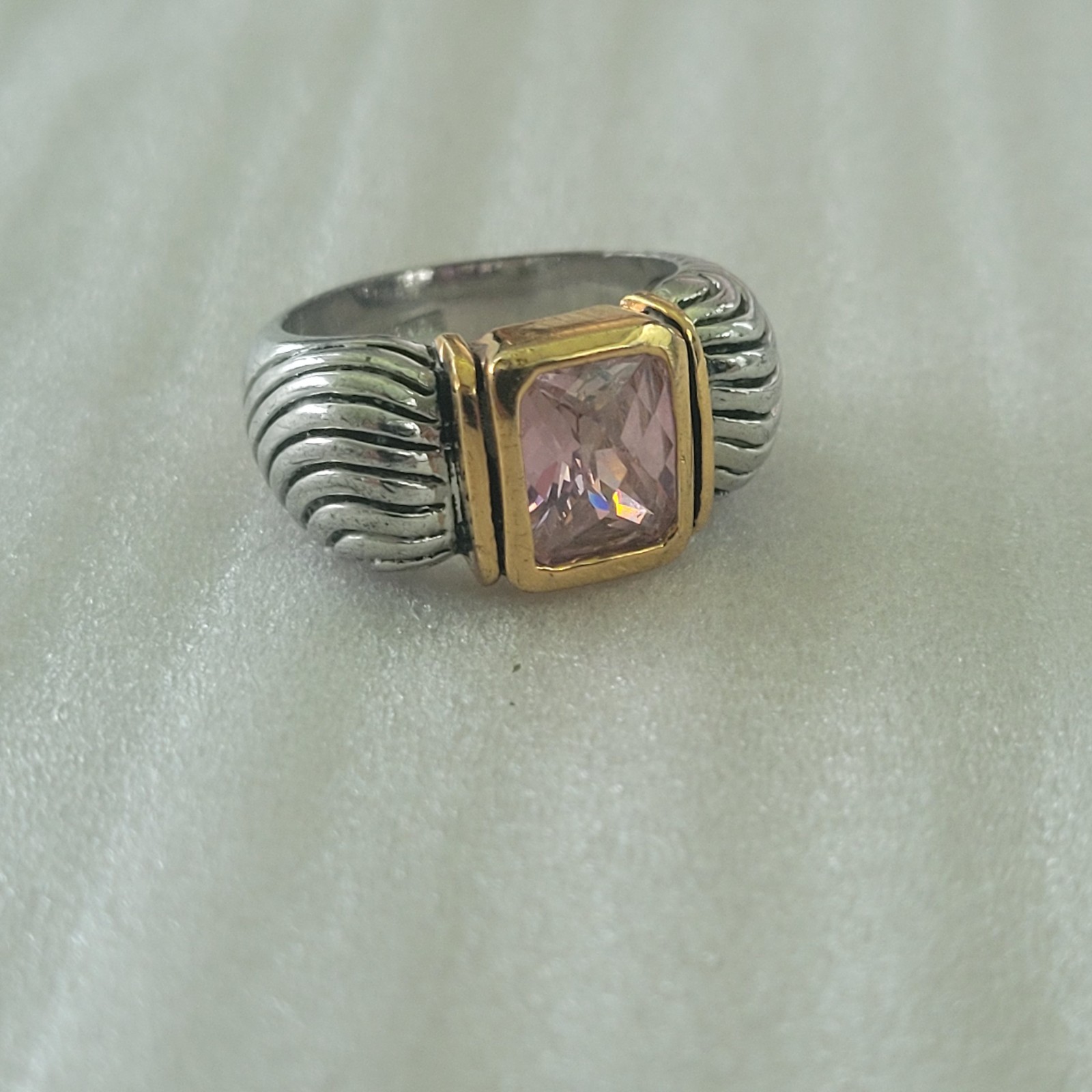 Vintage Two Tone Cable Band Ring 18K GE Pink CZ Size 9.75