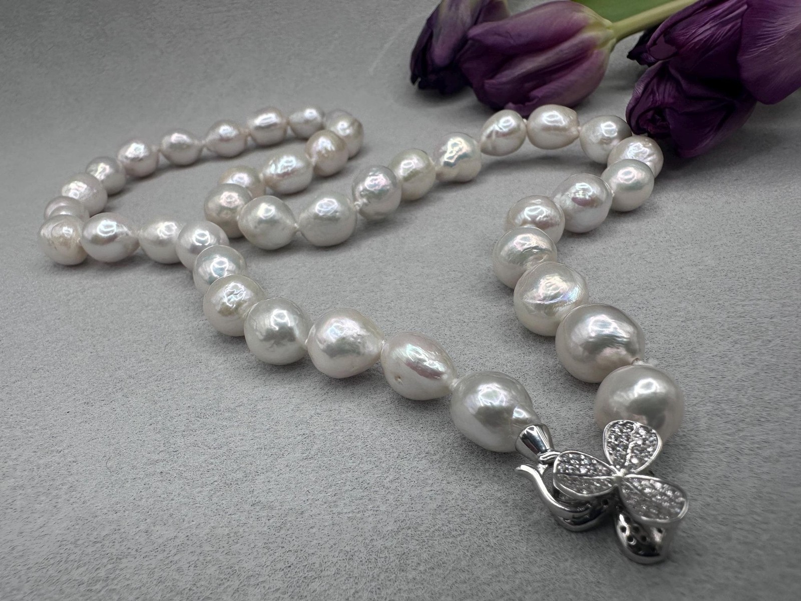 21” White Baroque Edison Pearl Necklace Kasumi Style Sterling Silver CZ Clasp