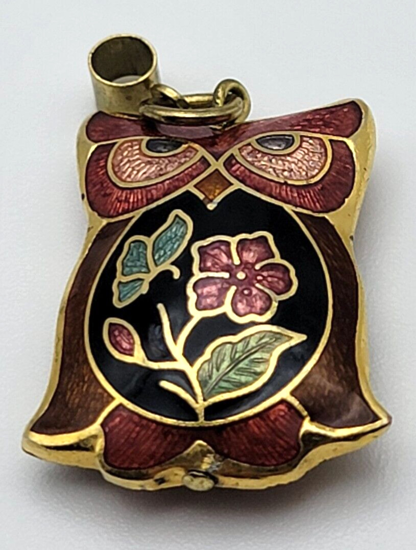Vintage Yellow Gold Plated Multicolor Cloisonne OWL Pendant 1 In Reversible