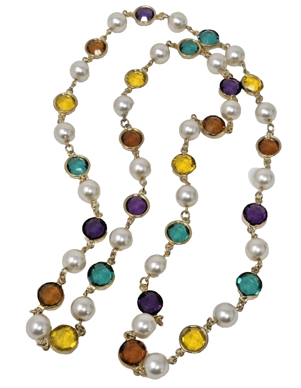 Faux Pearl & Multicolor Bezel Set Acrylic Crystal Necklace 35 Inches Vintage