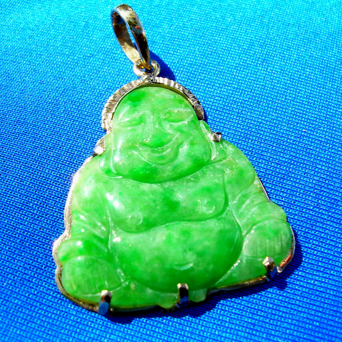 EARTH MINED Green JADE Laughing Budai Pu Tai Vintage Pendant 18K GOLD Good Luck