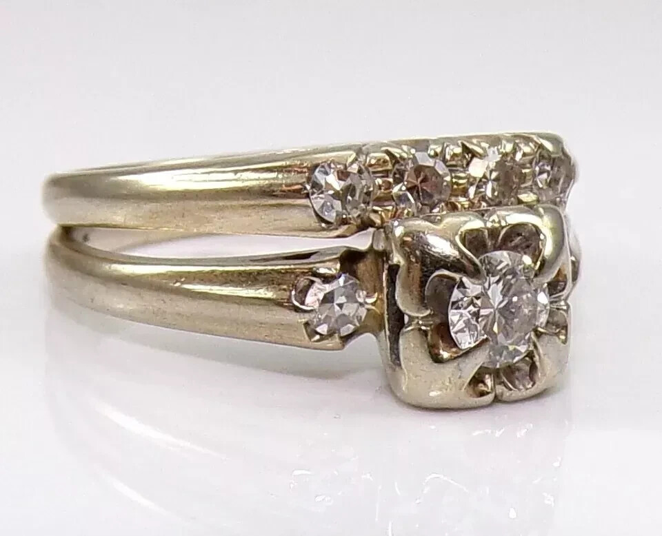 Vintage Art Deco Style Lab Created Diamond Bridal Ring Set 14k Yellow Gold FN