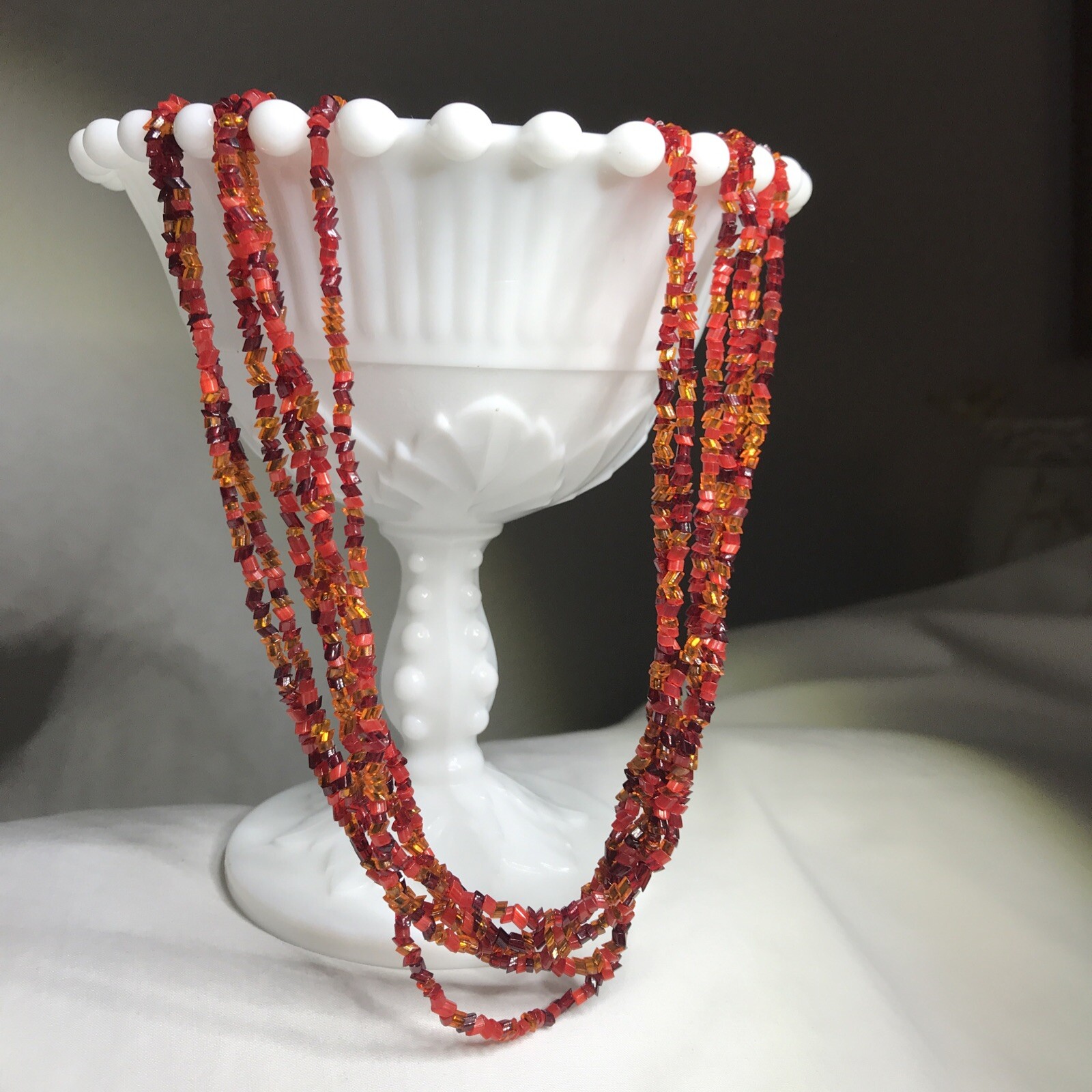 Vintage 6-strand Bohemian Glass Bead Necklace ~ 36” ~ Red Amber ~ NO CLASP
