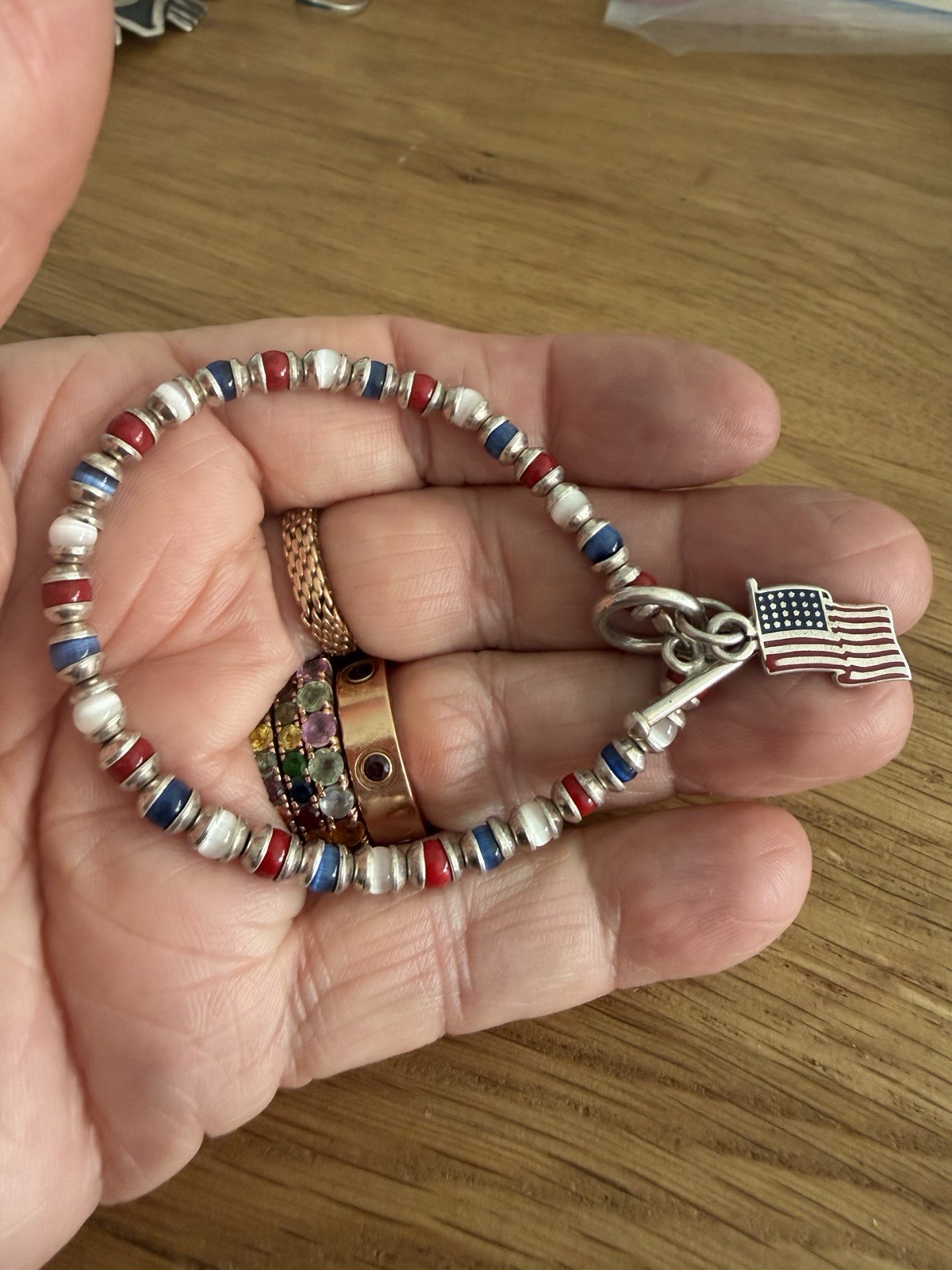 Vintage Sterling Silver 925 Patriotic Bead Flag Charm Bracelet 7.25”