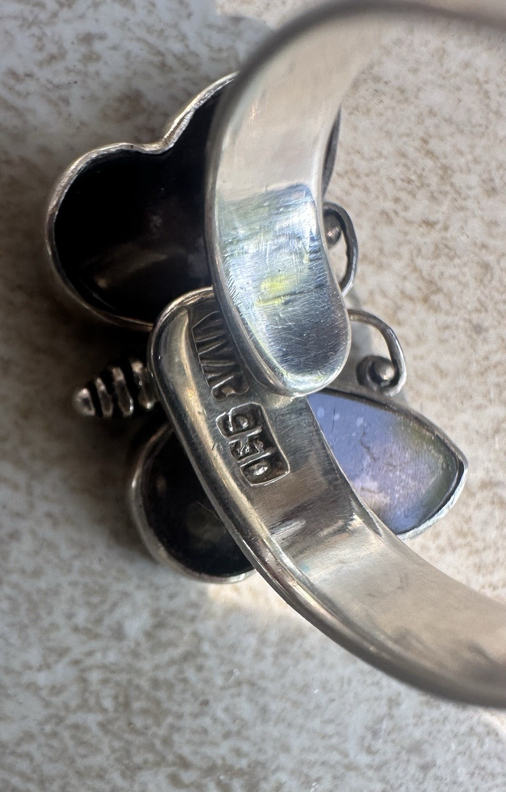 Designer Signed WC Peru 950 Sterling Silver Real Blue Butterfly Wing Ring Sz 7