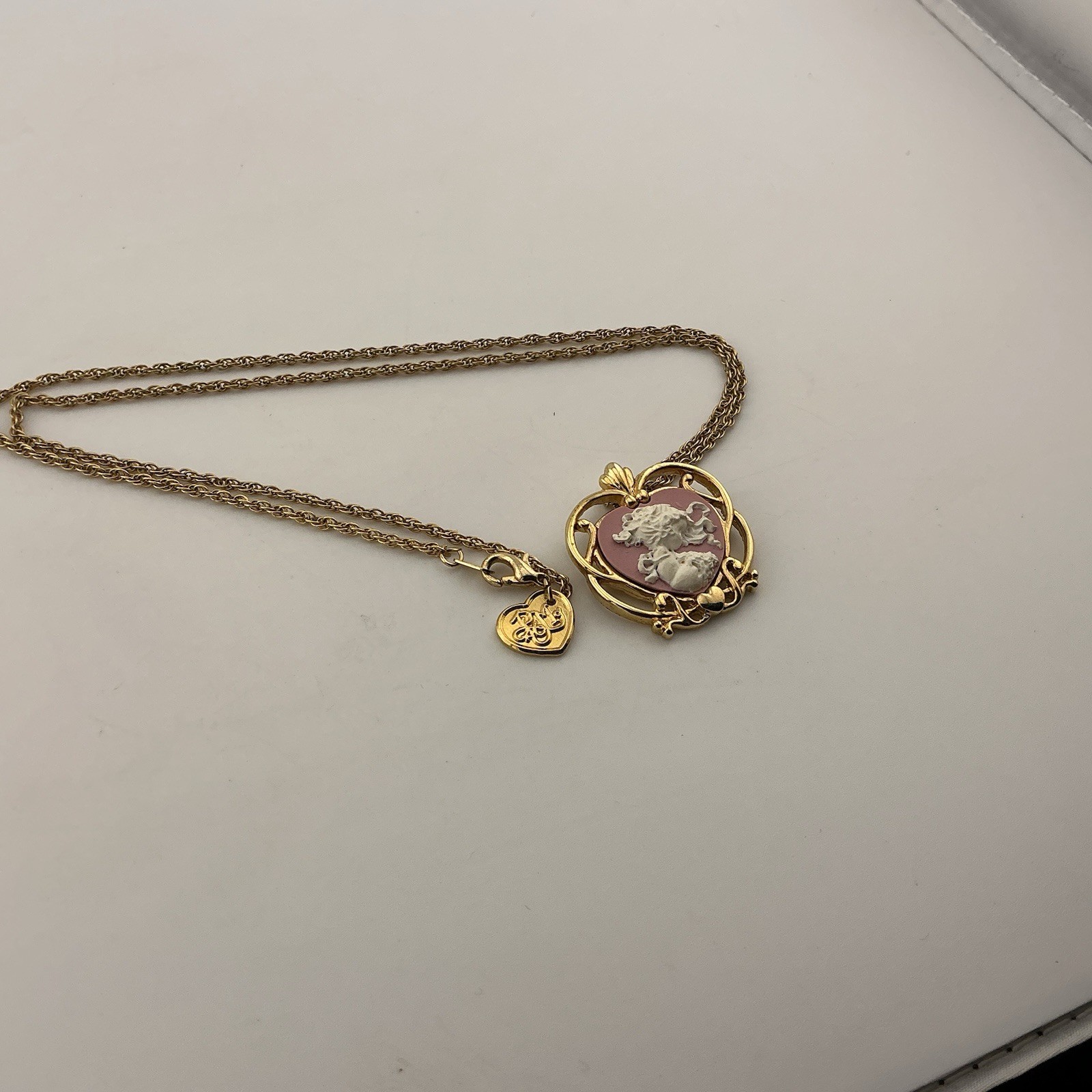 Vtg Precious Moments PMI Necklace Pink Faux Cameo Pendant GoldT Filigree 1990s