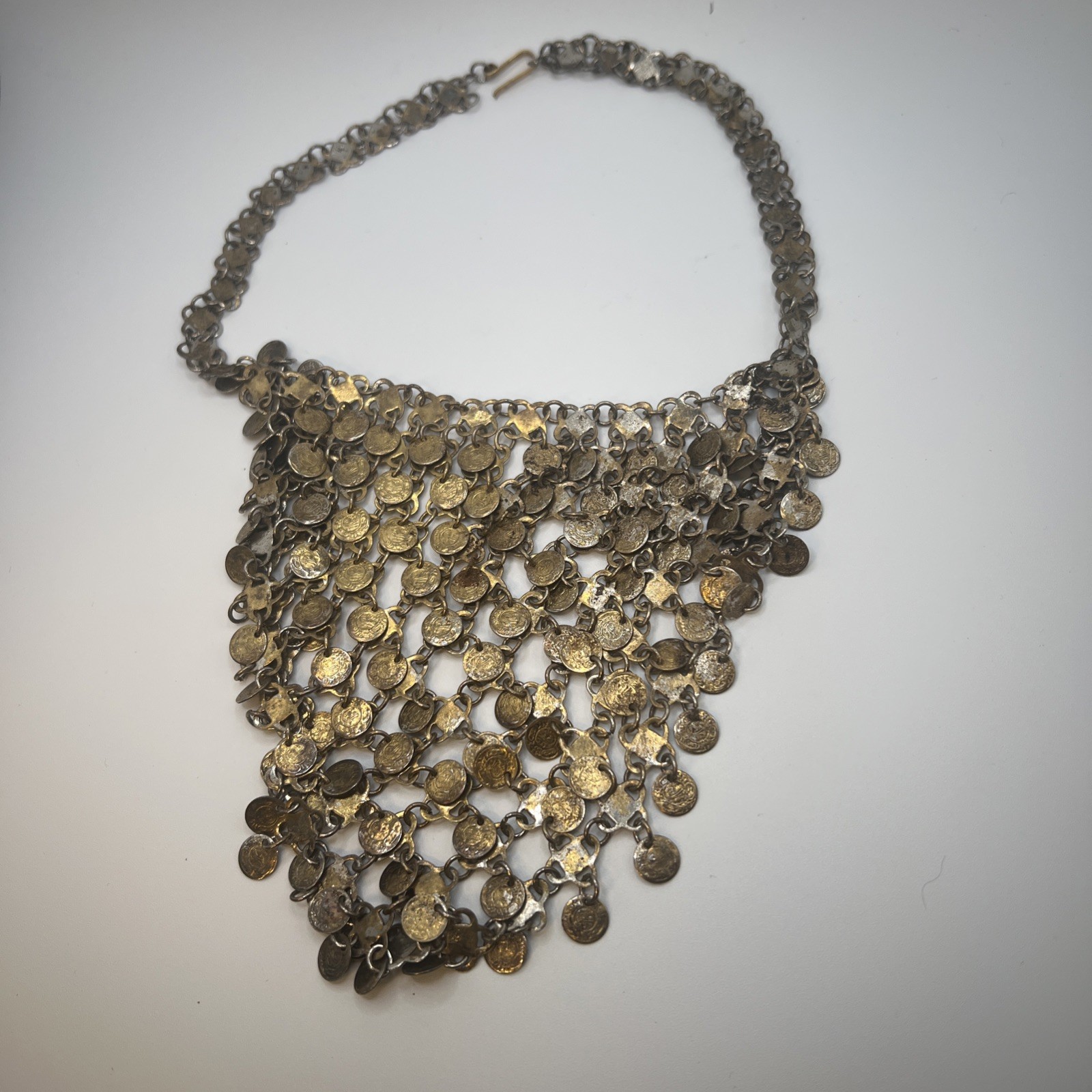 VTG ESTATE BOHO TRIBAL BIB STYLE HAMMERED BRASS COIN COLLAR NECKLACE BELLY DANCE